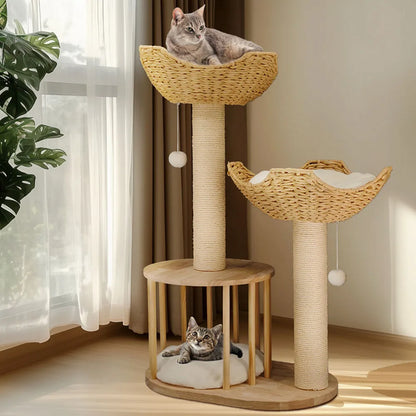 3-Tier Cat Tree Tower- Padded, Plush with Perches, Sisal Rope Scratching Posts and Hanging Toys