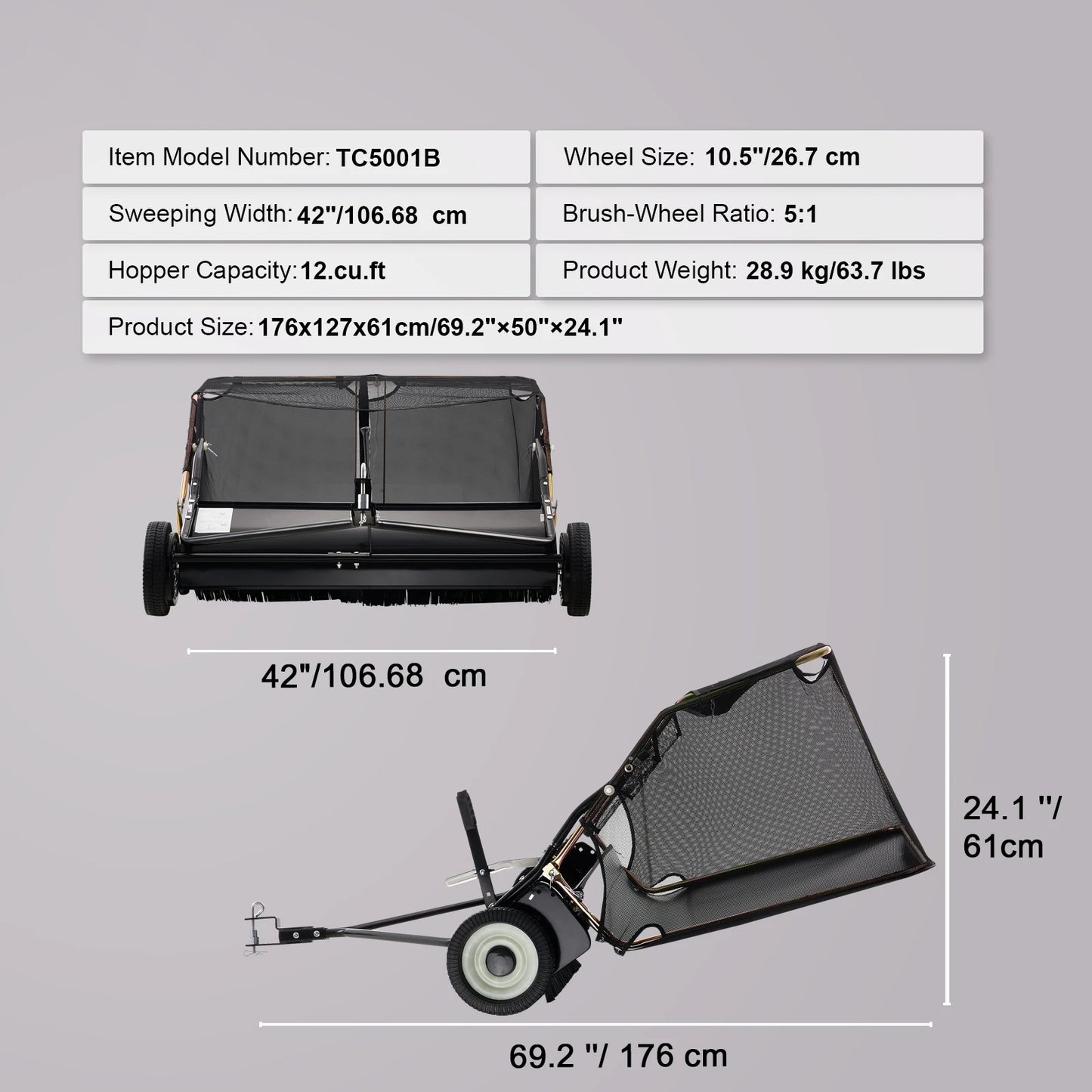 52-inch Lawn Sweeper, Tow Behind, 26cuft,  Heavy Duty Collector