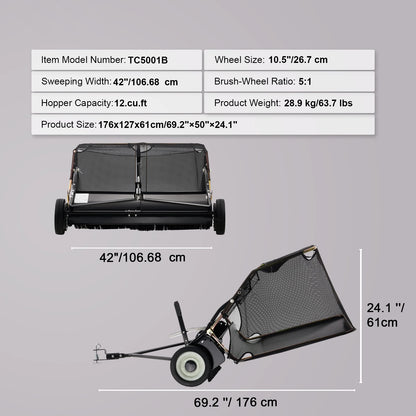 52-inch Lawn Sweeper, Tow Behind, 26cuft,  Heavy Duty Collector