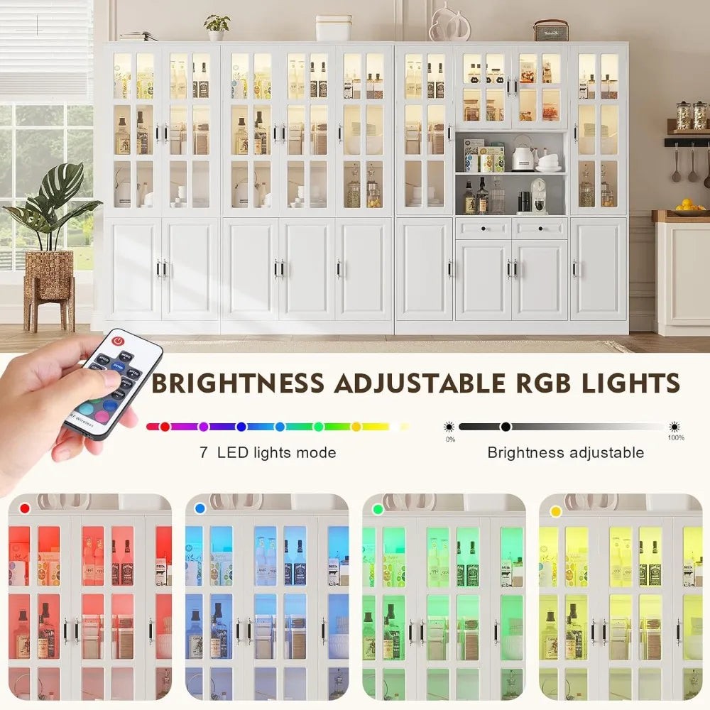 Freestanding Cabinet with Glass Doors, 78.7" H-63"W w/LED Lights, and Drawers