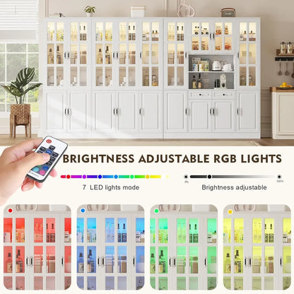 Freestanding Cabinet with Glass Doors, 78.7" H-63"W w/LED Lights, and Drawers