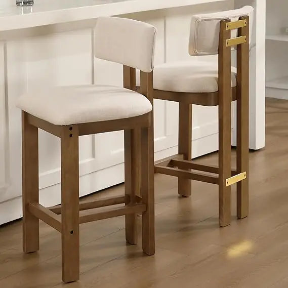 Elegant, Modern 26” Counter Height Stools, Set of 2, Upholstered with Backrest and Solid Wood Legs