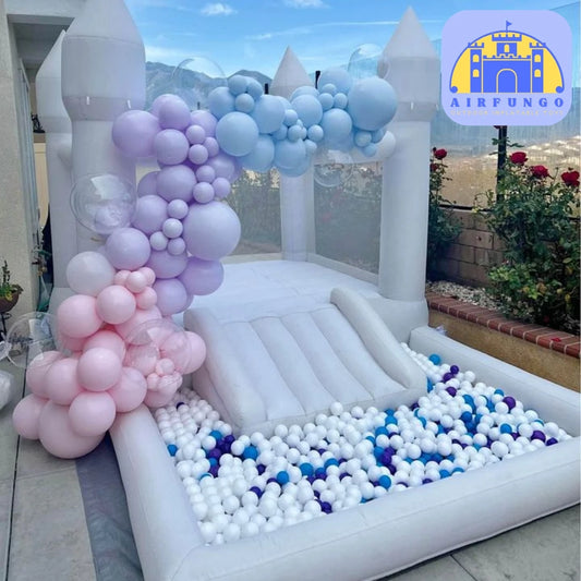 Kids 8x13x8ft Soft Play White Bounce House With Slide and Ball Pit With Blower
