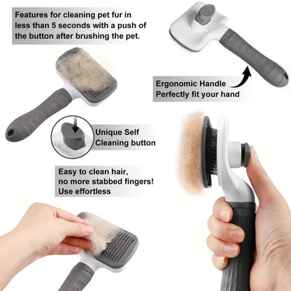 Pet Grooming Brush with One-Click Hair Removal, Bent Needle Massaging Comb