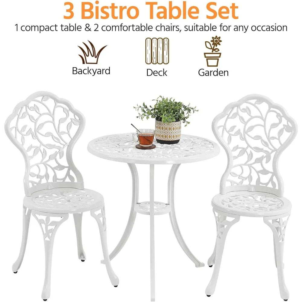 3-Piece Bistro Set w/Leaf Design, Rust-Resistant Cast Aluminum Table and Chairs