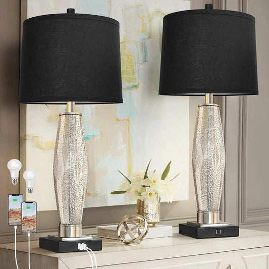 Modern Glass Table Lamps, Set of 2, with USB A+C Charging Ports