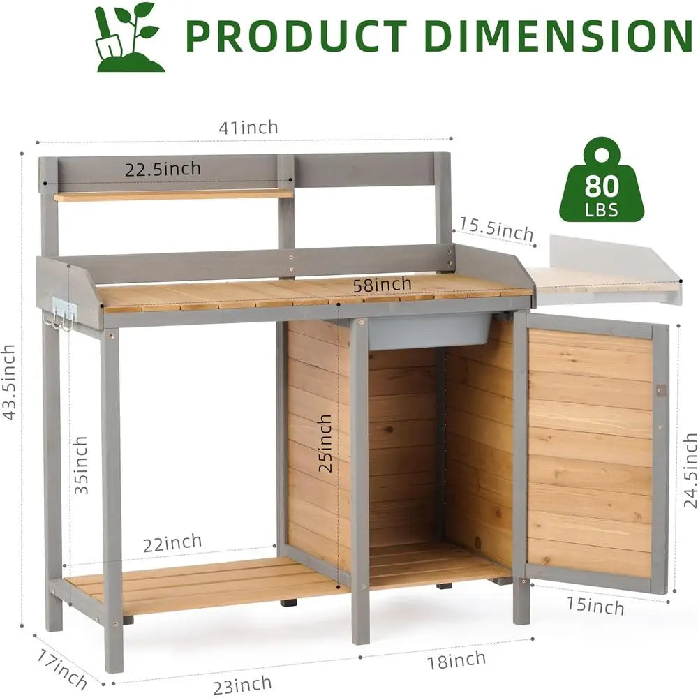 Wooden Potting Work Bench with Dry Sink, Cabinet, and Storage Shelves