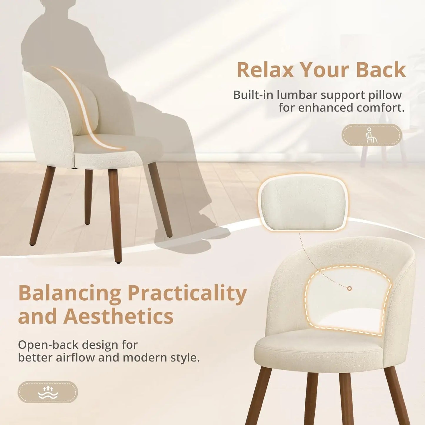 Set of 6, Modern Kitchen Chairs with Solid Wood Legs, Upholstered