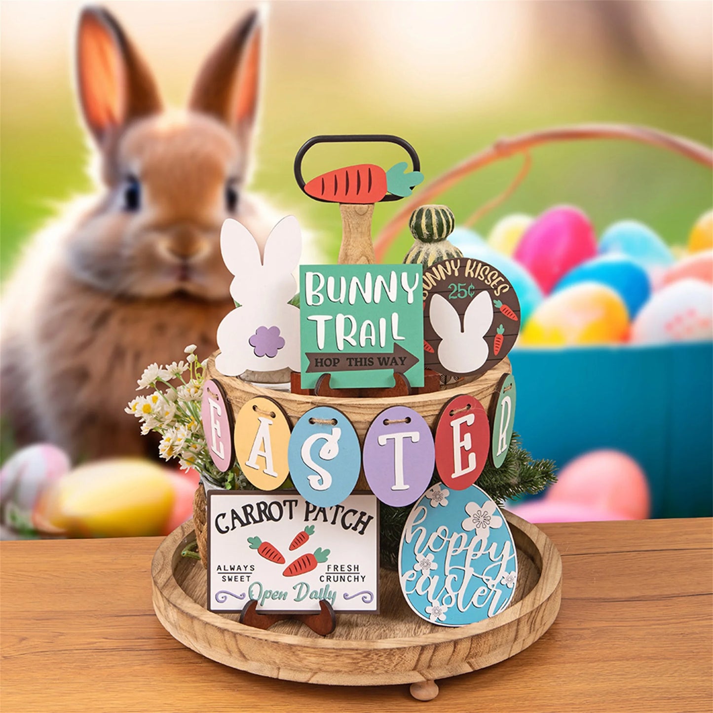 Easter Bunny Table Centerpiece Set with Vintage Wood Block Letters
