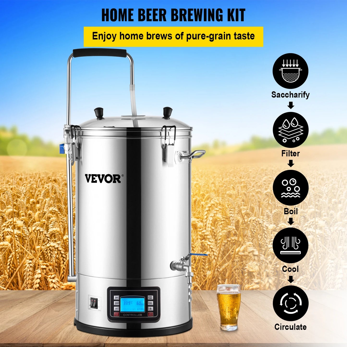All-in-One 9.2 Gallon Electric Home Brewing System with Pump, Mash Boil Controls, and Dual Mode Display