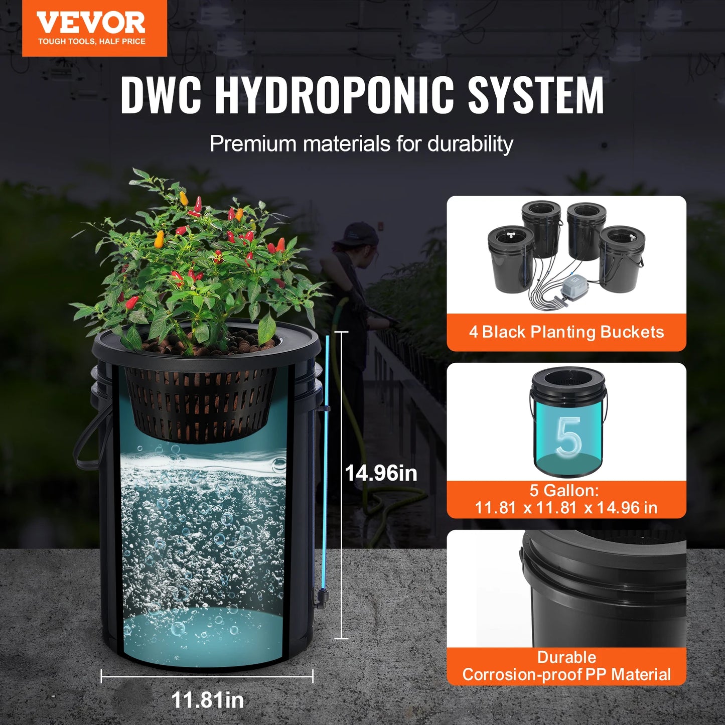 Hydroponics Grow System w/ Top Drip Kit, Deep Water Culture, 5-Gallon Buckets with Air Pump