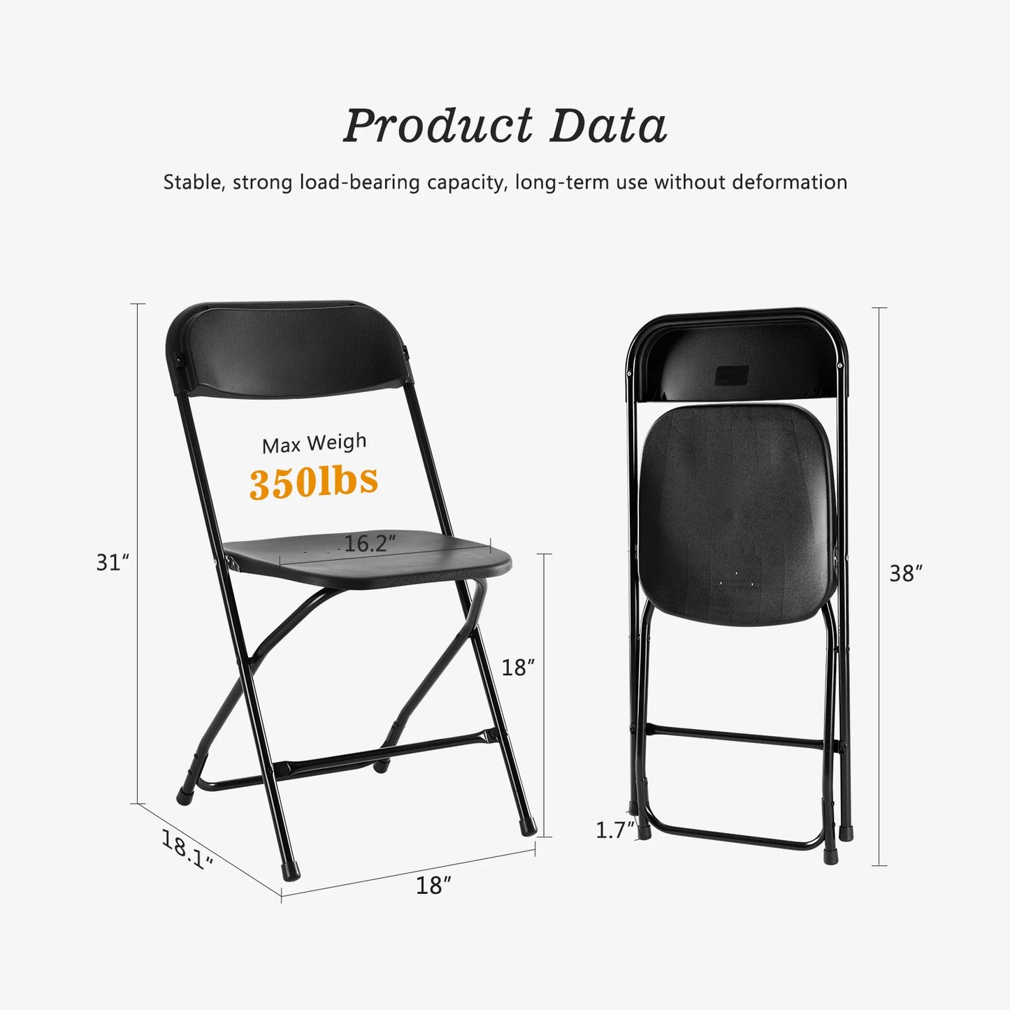 Plastic Seating/Metal Framing Folding Chairs with a 330LB Load Capacity, 10 Pack