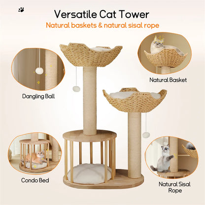 3-Tier Cat Tree Tower- Padded, Plush with Perches, Sisal Rope Scratching Posts and Hanging Toys