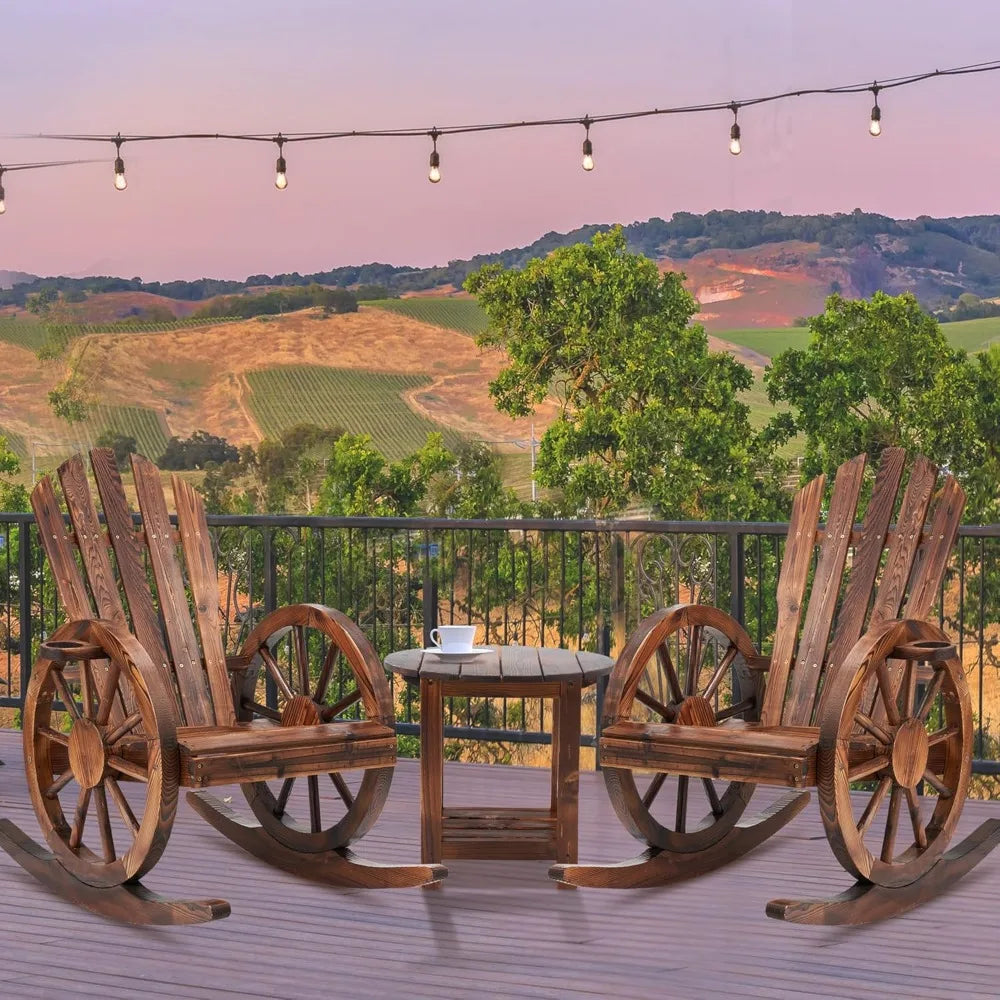 Set of 2, Wooden Rocking Chairs with Wagon Wheel Armrest and Small Table