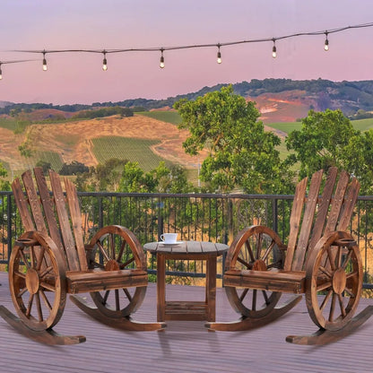 Set of 2, Wooden Rocking Chairs with Wagon Wheel Armrest and Small Table