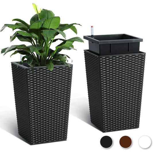 16" Tall Planters, Set of 2 with Tray, Wicker Design & Water Level Gauge
