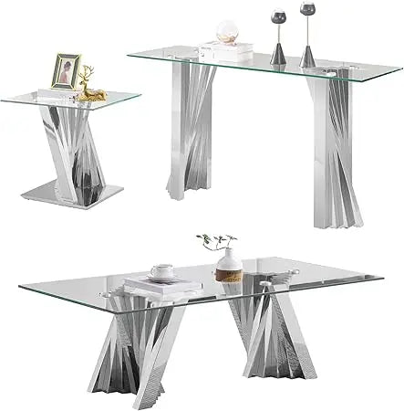 3 PC Modern Glass Table Set Includes Coffee Table, Console Table & End Table