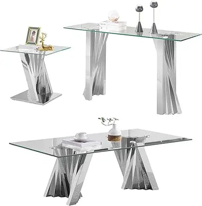 3 PC Modern Glass Table Set Includes Coffee Table, Console Table & End Table