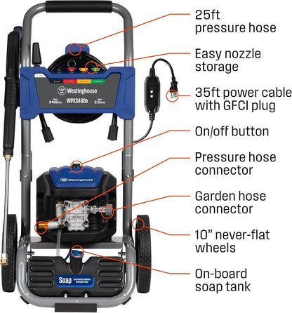 Customizable WPX3400e Electric Pressure Washer, 3400 Max PSI and 2.0 Max GPM, Brushless Motor,