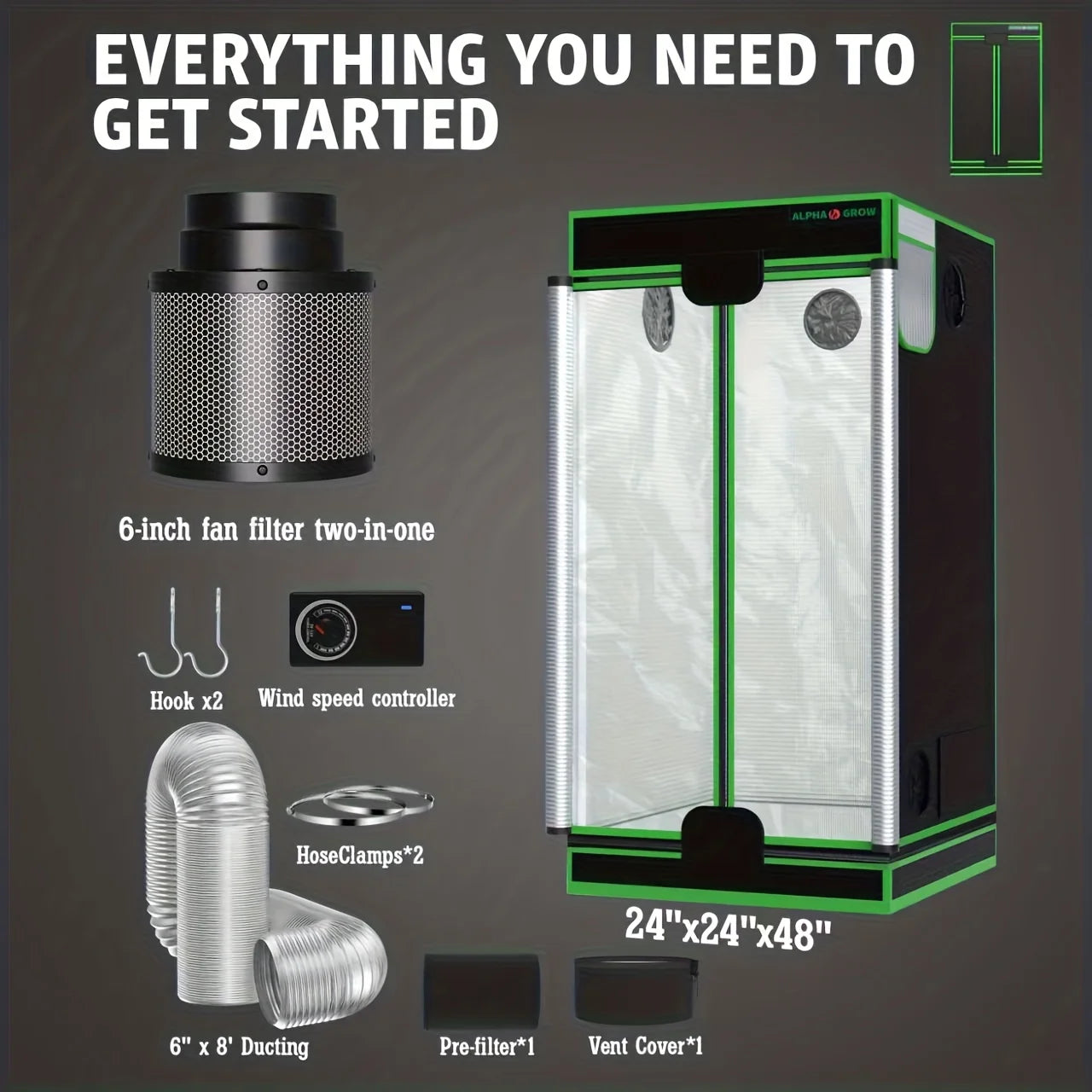 24"x24"x48" Grow Tent Kit With 6 Inch Air Carbon Filter, Australian Virgin Charcoal & Speed Controller