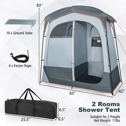 Portable Double Room Privacy Tent with Floor, Removable Rain Fly, Top Hook, Inside Pocket and Carry Bag