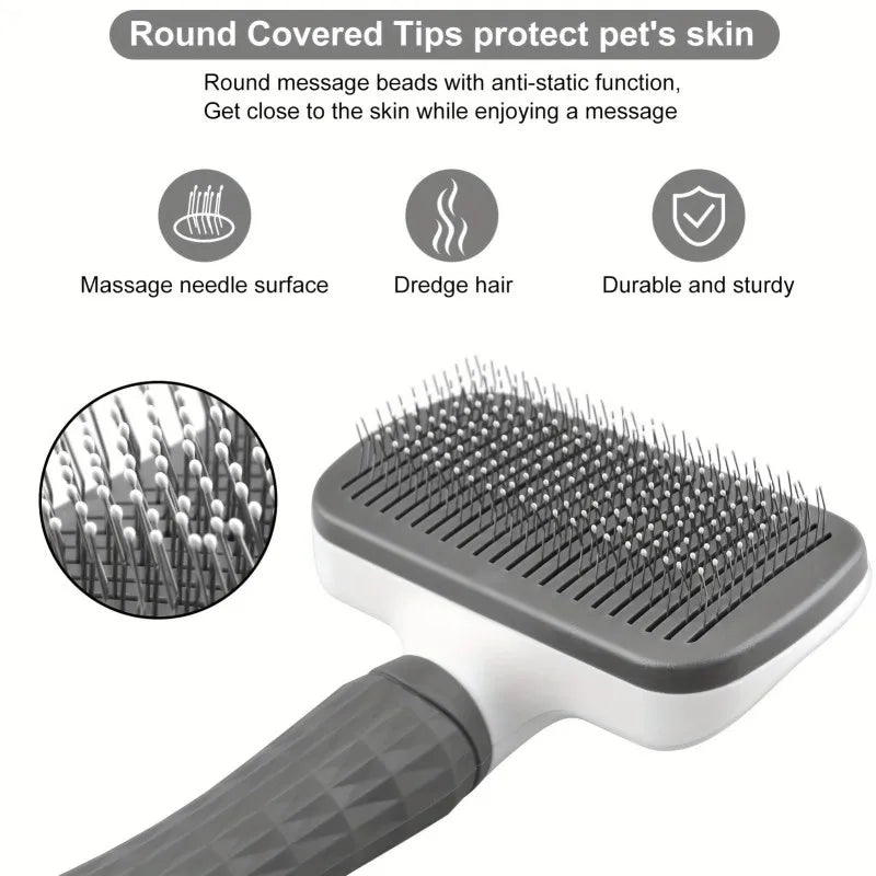 Pet Grooming Brush with One-Click Hair Removal, Bent Needle Massaging Comb