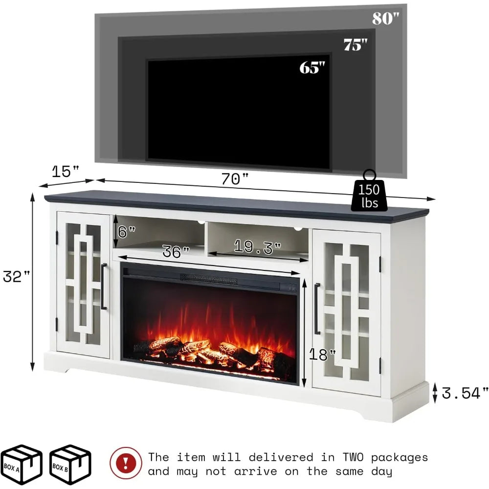 "70 Inch Electric Fireplace TV Stand with Cabinets and LED Lighting