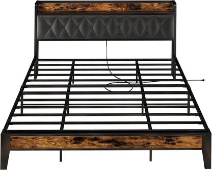 Bed Frames, Storage Headboard with Outlets, No Box Springs Needed