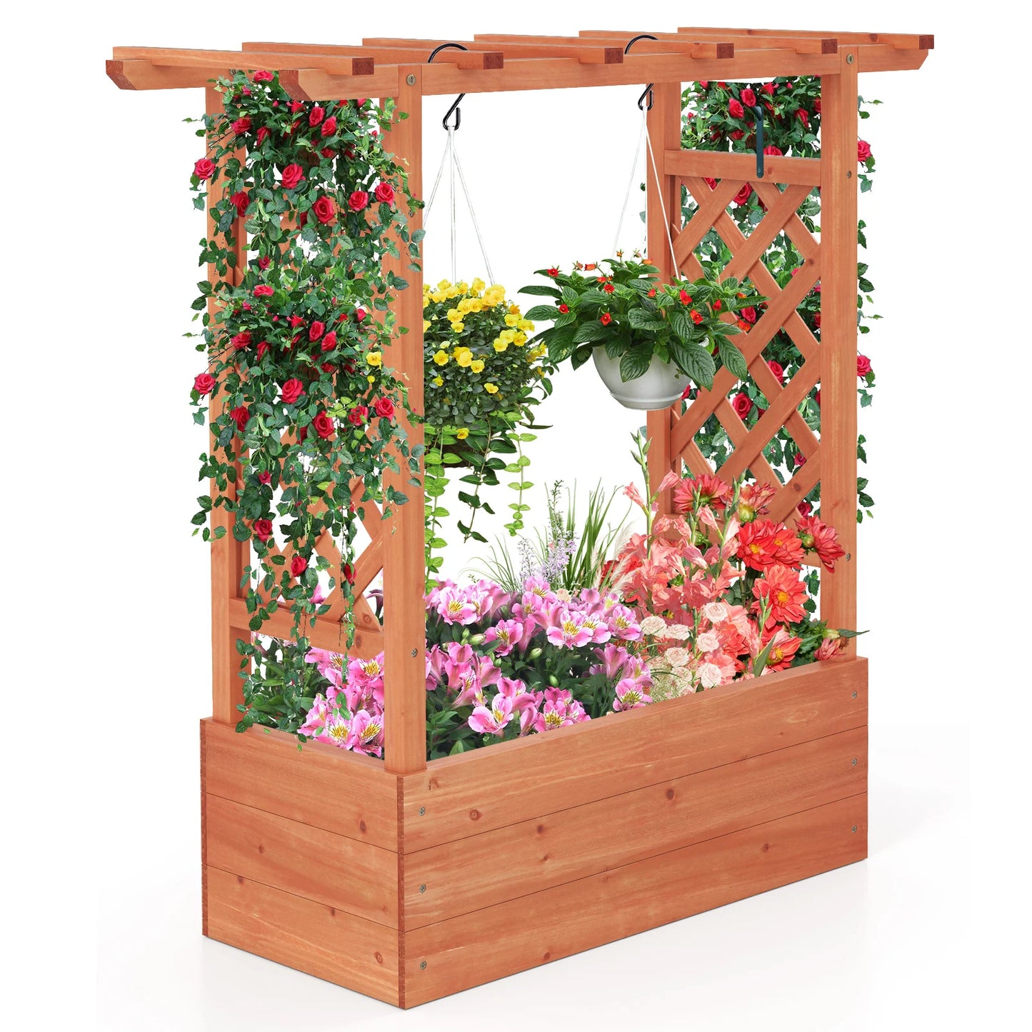 Wooden Raised Garden Bed w/Trellis & Hanging Roof and Drainage