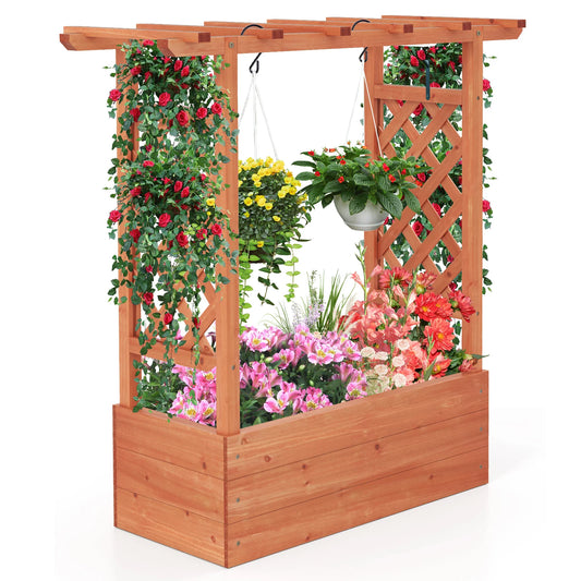 Wooden Raised Garden Bed w/Trellis & Hanging Roof and Drainage