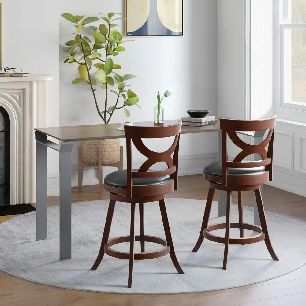 Wood Frame Swivel Upholstered Stools, Set of 4, Counter Height with Back & Footrest,