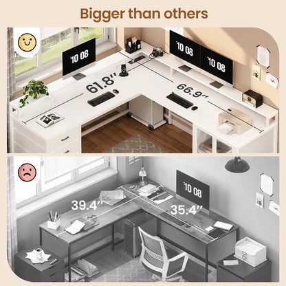 L Shaped Desk with 4 Drawers with Display Cabinet 2ith LED Lights