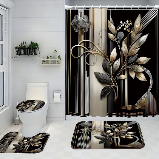 Elegant black and gold bathroom four-piece set - avant-garde waterproof shower curtain