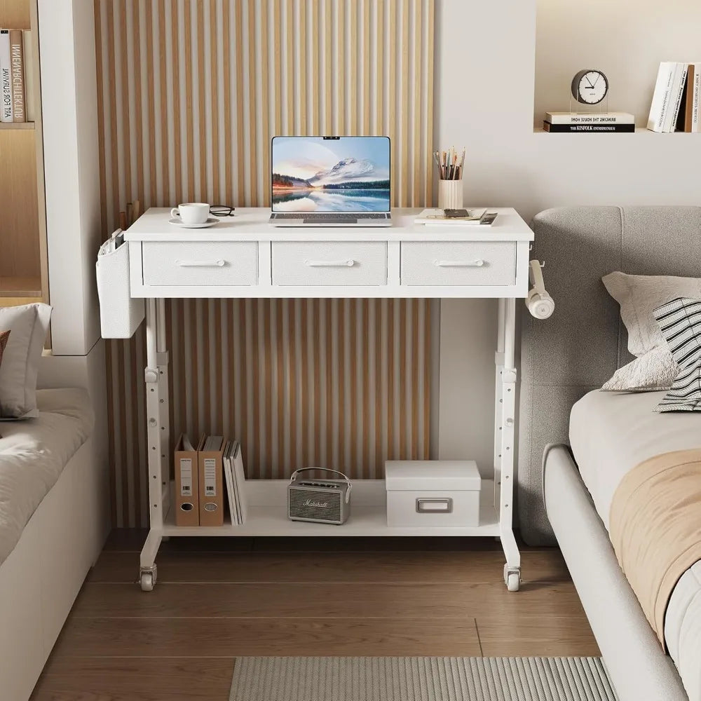 Portable Rolling Computer Desk - 40 Inch Adjustable Desk with 3 Fabric Drawers