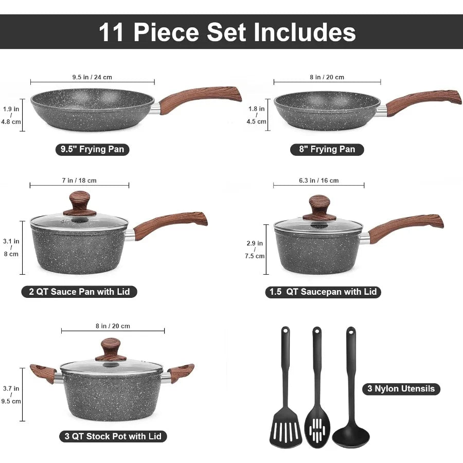 Granite Pots and Pans on Stick, 11 Piece Set, Die Cast Induction Cookware Set