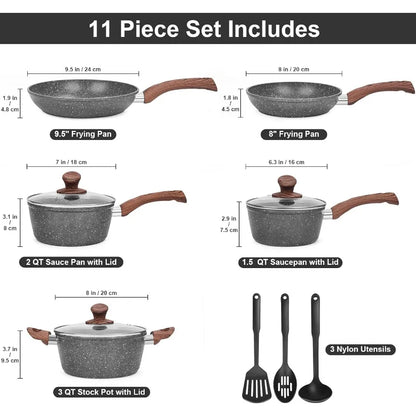 Granite Pots and Pans on Stick, 11 Piece Set, Die Cast Induction Cookware Set