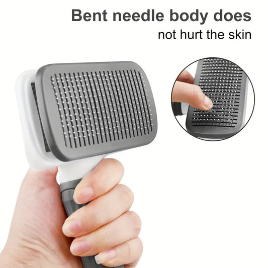 Pet Grooming Brush with One-Click Hair Removal, Bent Needle Massaging Comb