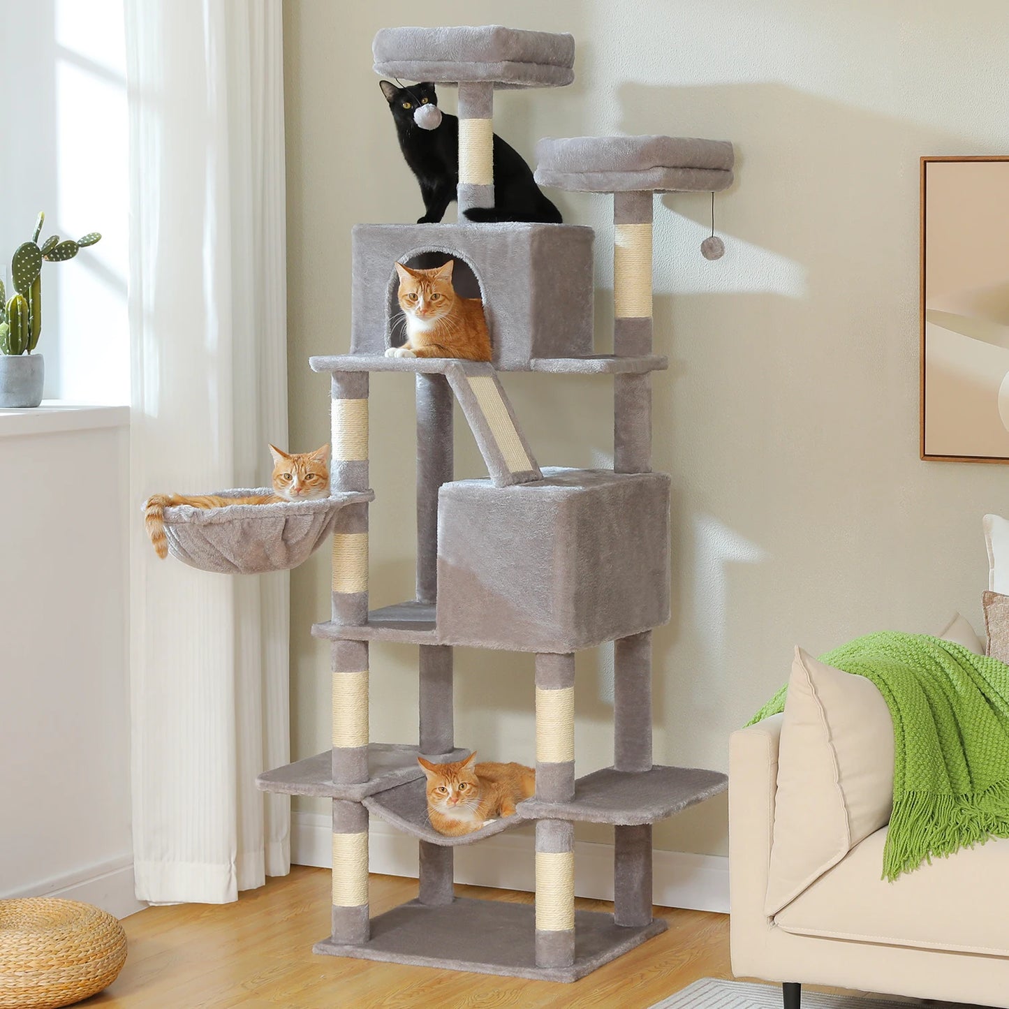 70.8" Multi-Level Cat Tower with 9 Scratching Areas, Plush Hammock and Perches