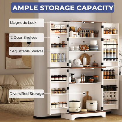 75" Kitchen Pantry Cabinet, Rustic Wood with Adjustable Shelves & Barn Style Door