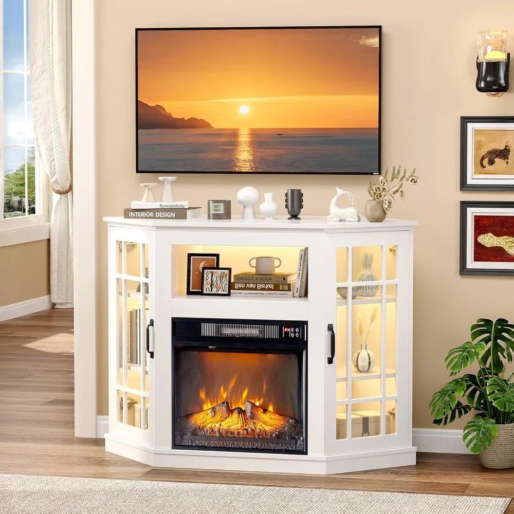 Corner Electric Fireplace TV Stand up to 55 inch TVs w/ Glass Doors