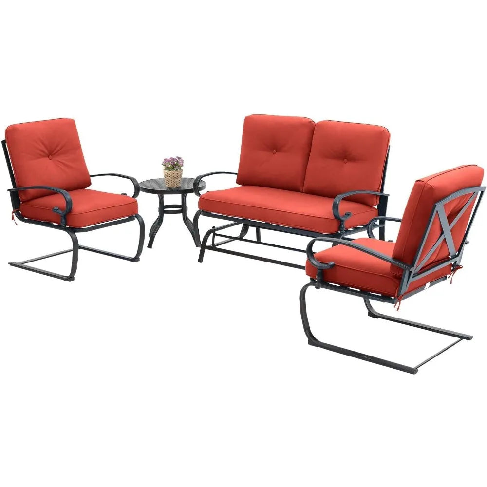 4-Piece Outdoor Patio Set - Swing Glider Loveseat and Spring Lounge Chairs with Side Table