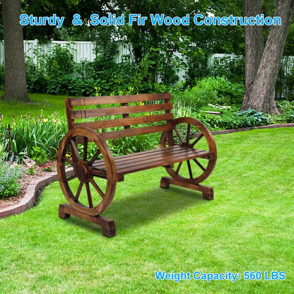 Wooden Rustic Wagon Wheel Bench with Armrest & Fir Construction