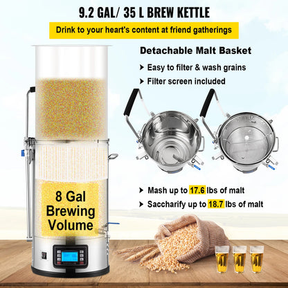 All-in-One 9.2 Gallon Electric Home Brewing System with Pump, Mash Boil Controls, and Dual Mode Display