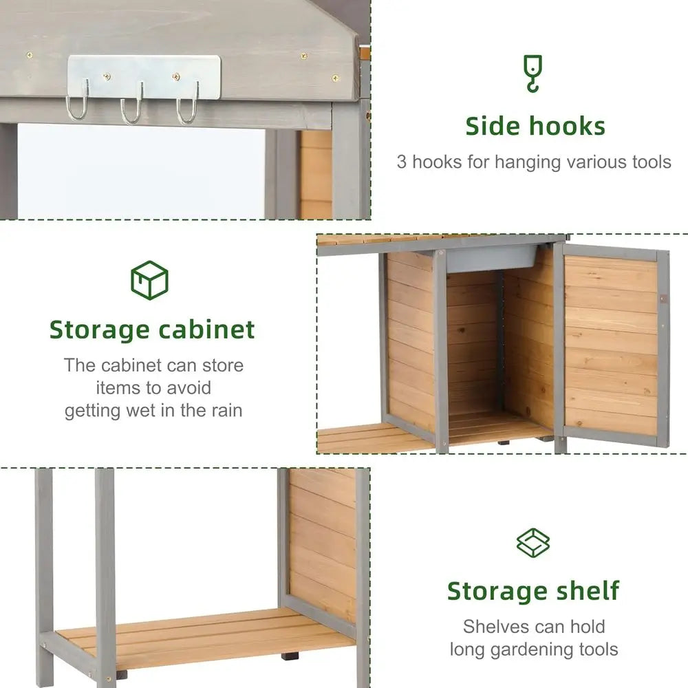 Wooden Potting Work Bench with Dry Sink, Cabinet, and Storage Shelves