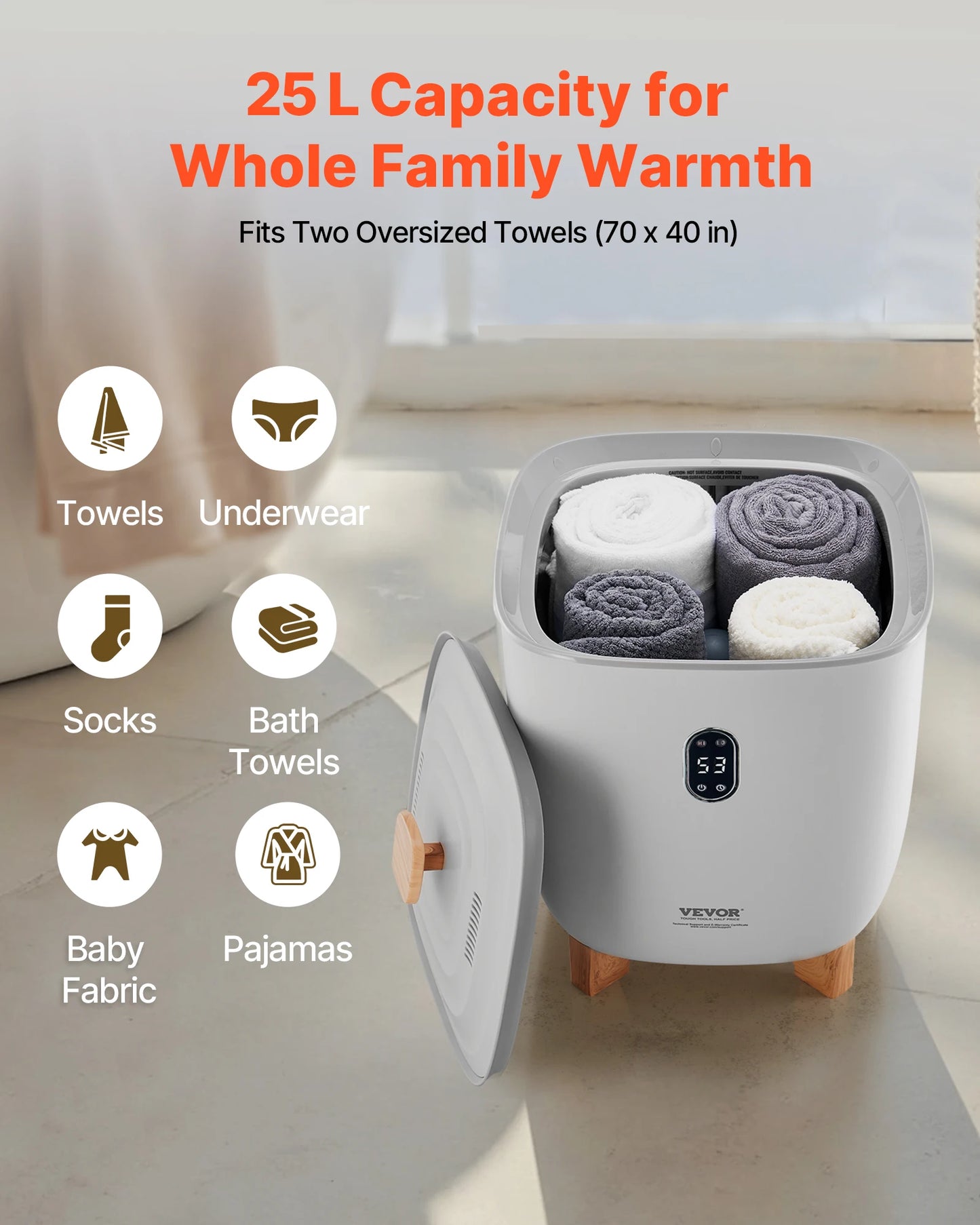 Warmer Bucket- 25L-Heated Towels, Blankets, and Clothing Warmer w/ LED Light Auto Shut off