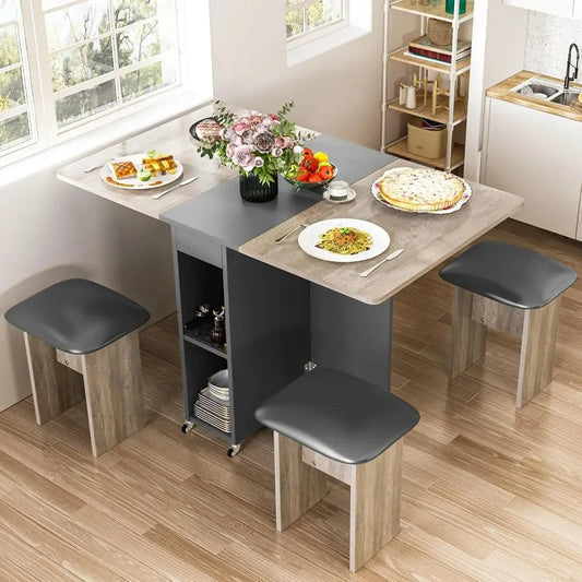 4-person Folding Dining Table Set with 4 Leather Chairs and Shelves