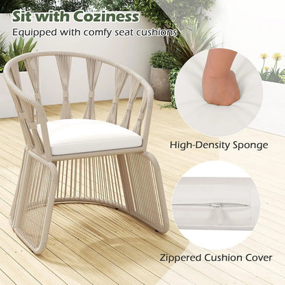 3 Piece Patio Rope-Woven Cushioned Armchairs & Table Set with Tempered Glass Tabletop