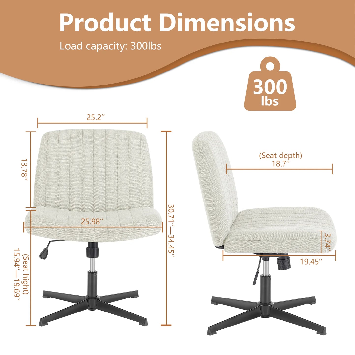 Cross Legged Desk Chair - Armless, Wide Seat and Back,  Adjustable