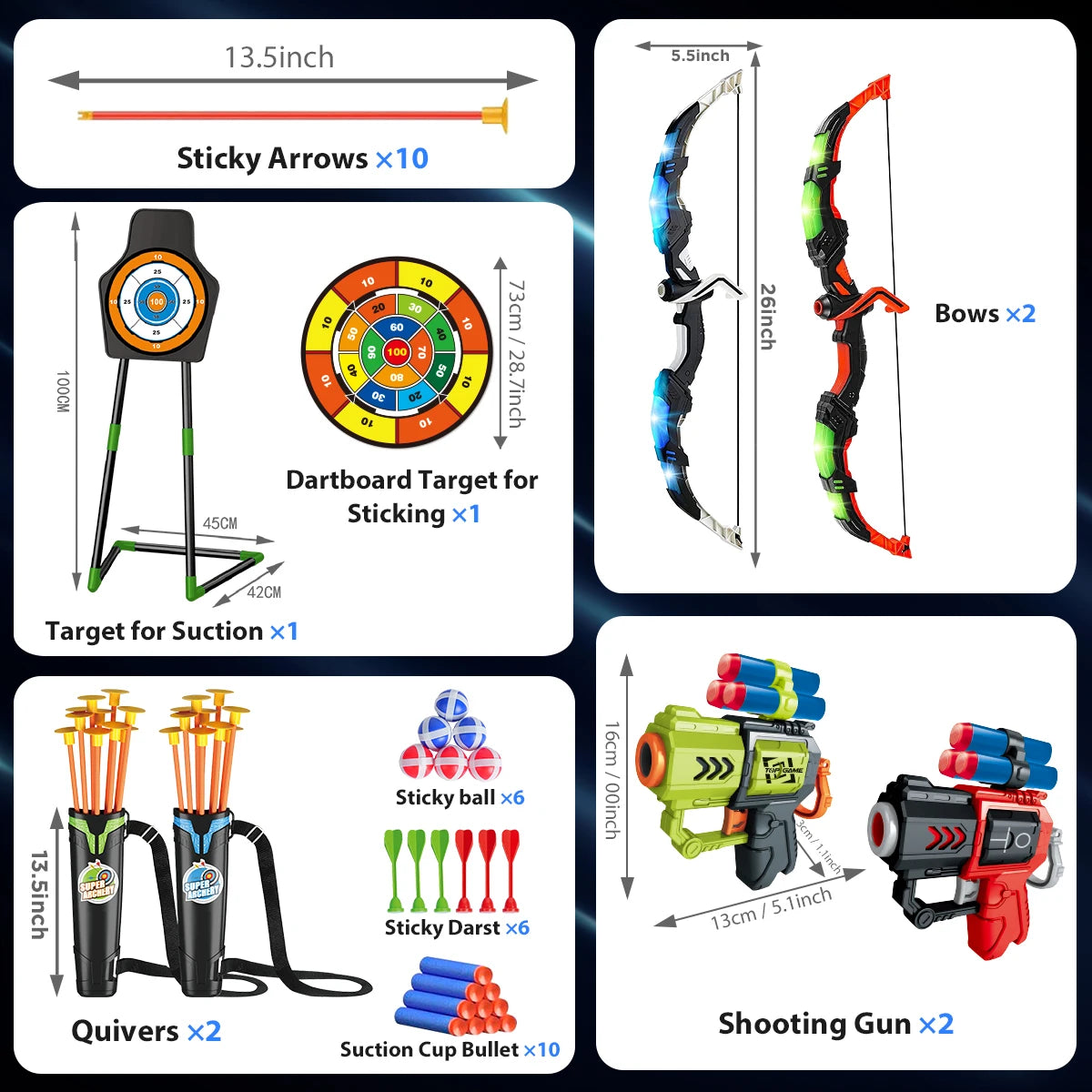 Toy Bow Arrow + Guns For Kids Night-Light Archery Stand and Target Board