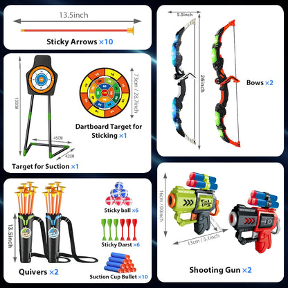 Toy Bow Arrow + Guns For Kids Night-Light Archery Stand and Target Board